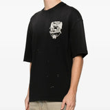 Black t-shirt worn by a person, showing the shirt's fit