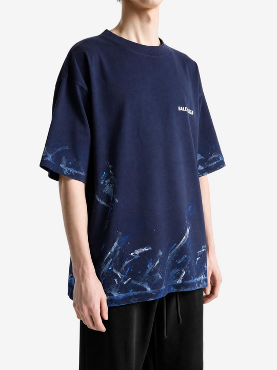 Navy t-shirt worn by a person, showing the t-shirt fit