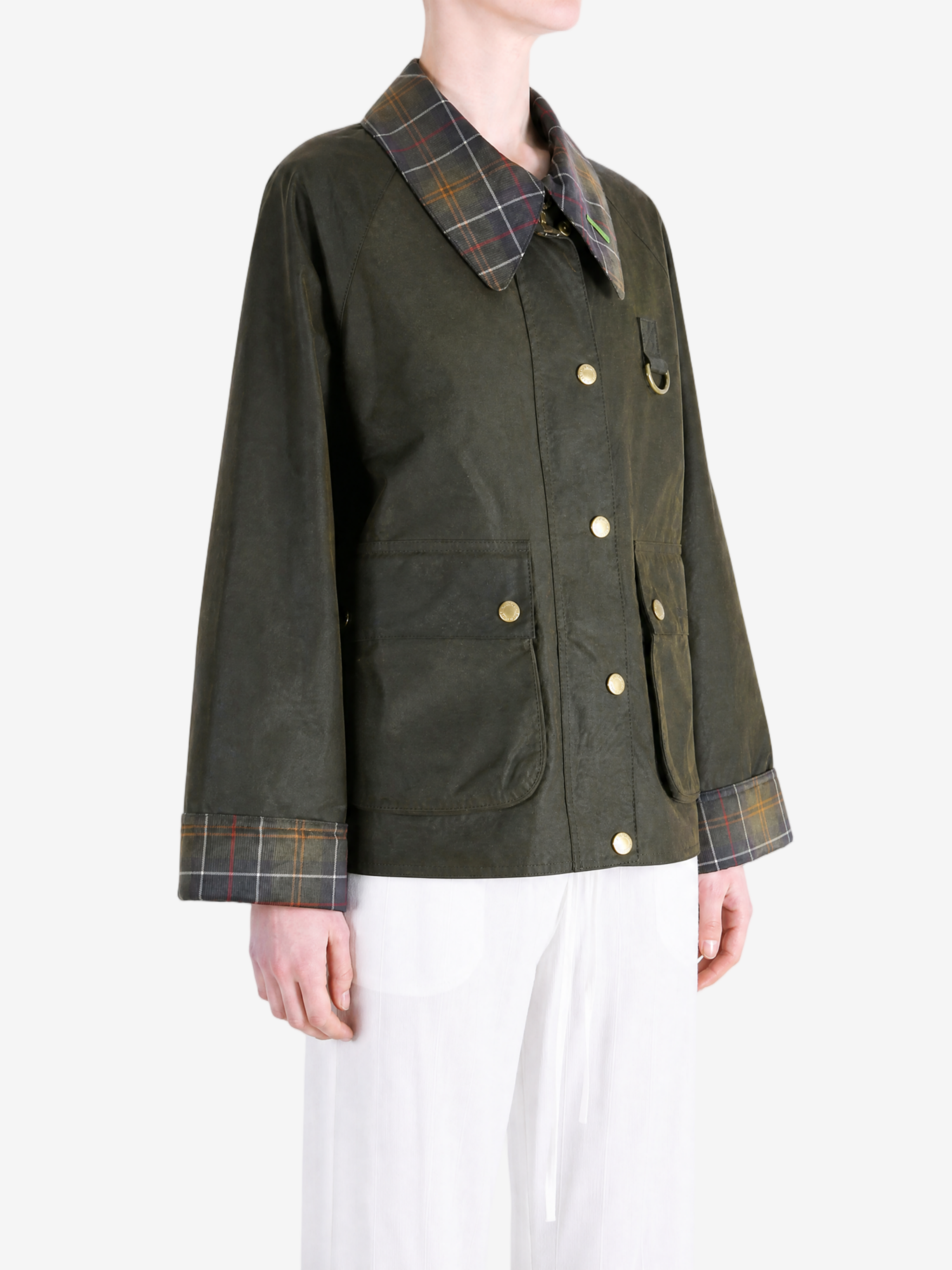 Green jacket worn by a person, showing the jacket fit