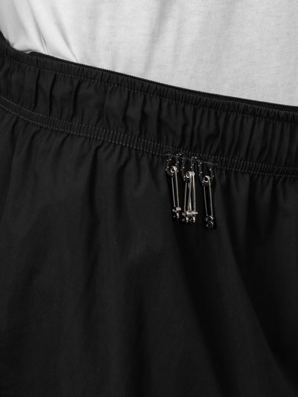 Close up of Black shorts, showing texture of the 82% polyamide/ 18% polyurethane fabric