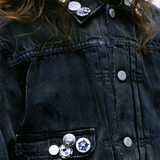 Close up of the grey jacket, showing texture of the cotton fabric