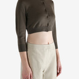 Brown cardigan worn by a person, showing the cardigan's fit