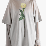 Grey T-shirt worn by a person, showing the T-shirt's fit