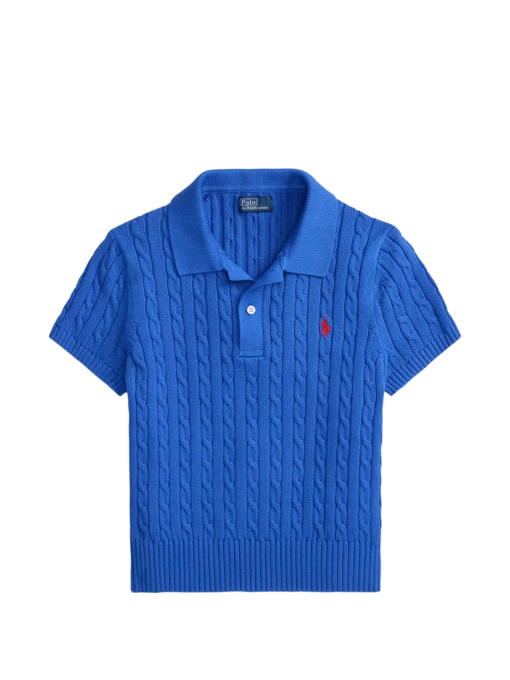 Blue knitted polo shirt,front view