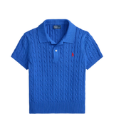Blue knitted polo shirt,front view