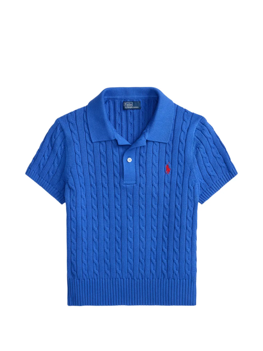 Blue knitted polo shirt,front view