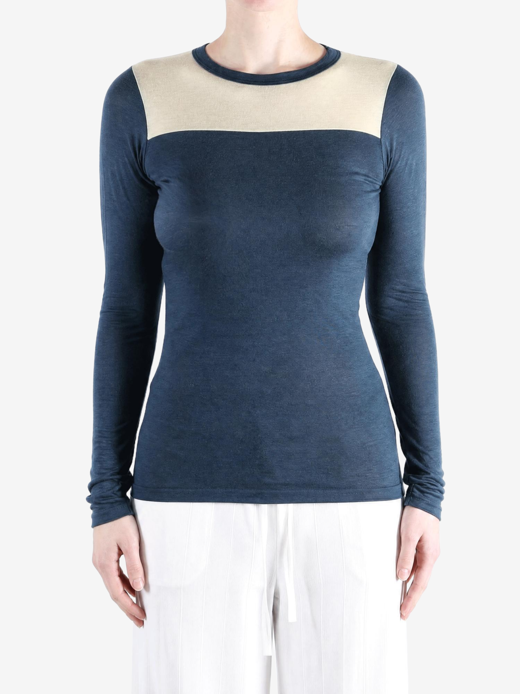 Navy t-shirt worn by a person, showing the t-shirt fit