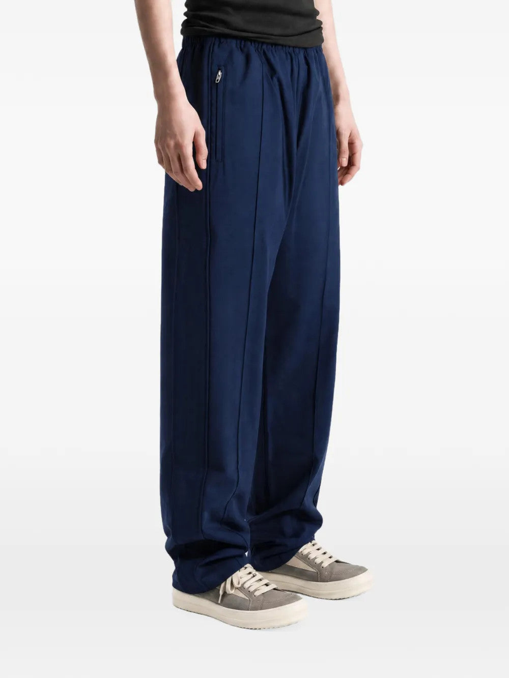 Navy pants, full body view