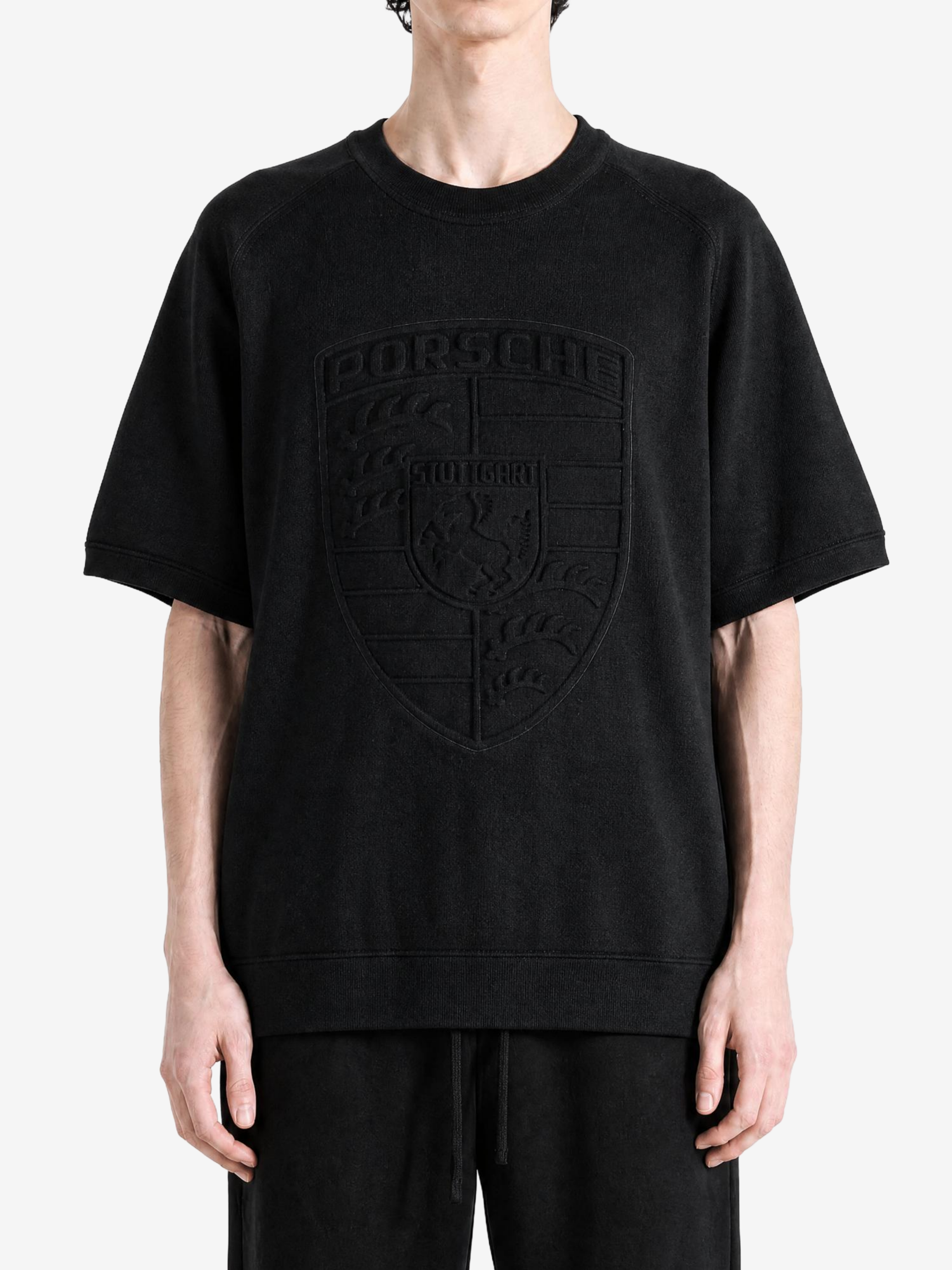 Black t-shirt, full body view