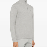 Grey knitwear worn by a person, showing the knitwear fit