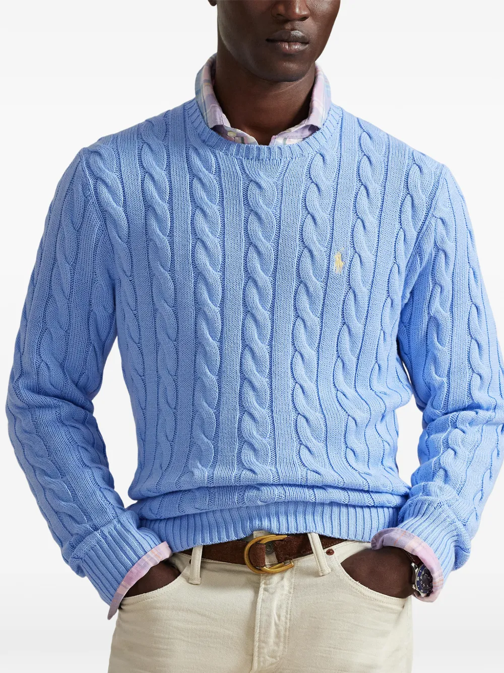 Blue sweater worn by a person, showing the sweater fit