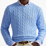 Blue sweater worn by a person, showing the sweater fit