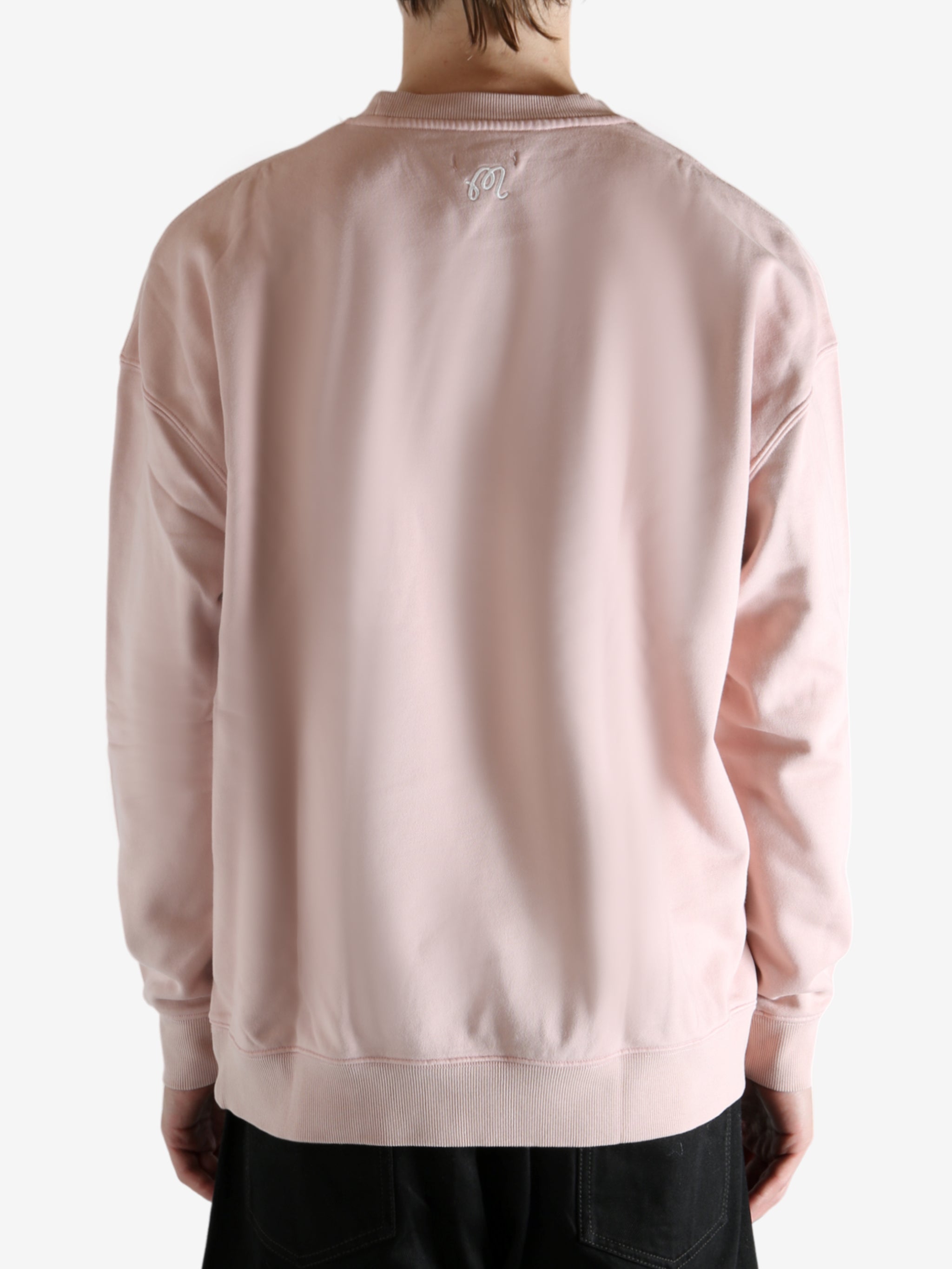Pink sweatshirt worn by a person, showing the sweatshirt's fit