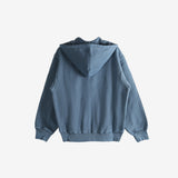Navy hoodie, back view showing relaxed fit