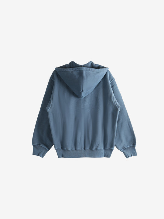 Navy hoodie, back view showing relaxed fit