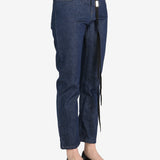 Dark blue pants worn by a person, showing the pants's fit