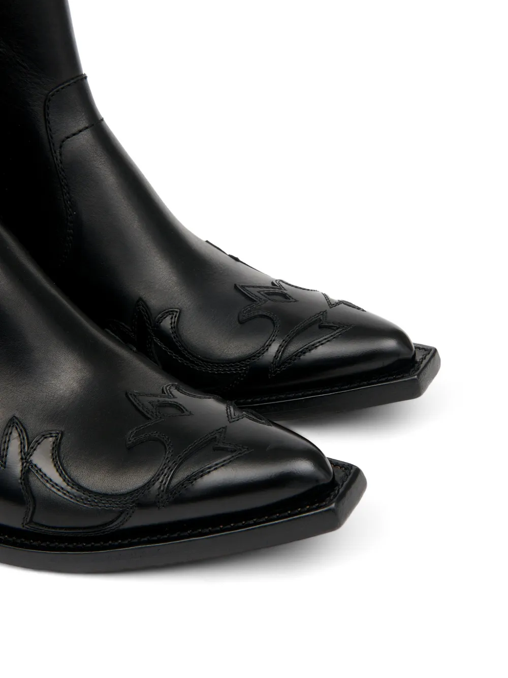 Close up of black boot, showing texture of the Calf Leather fabric