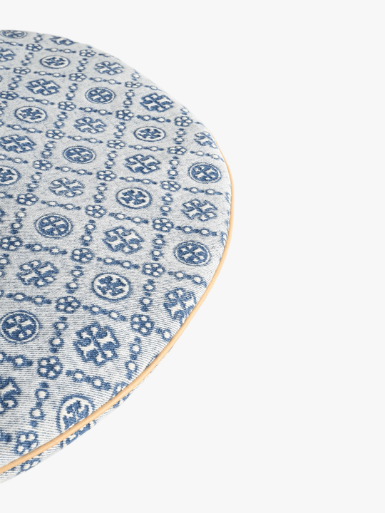 Close up of blue bag, showing texture of the textile fabric