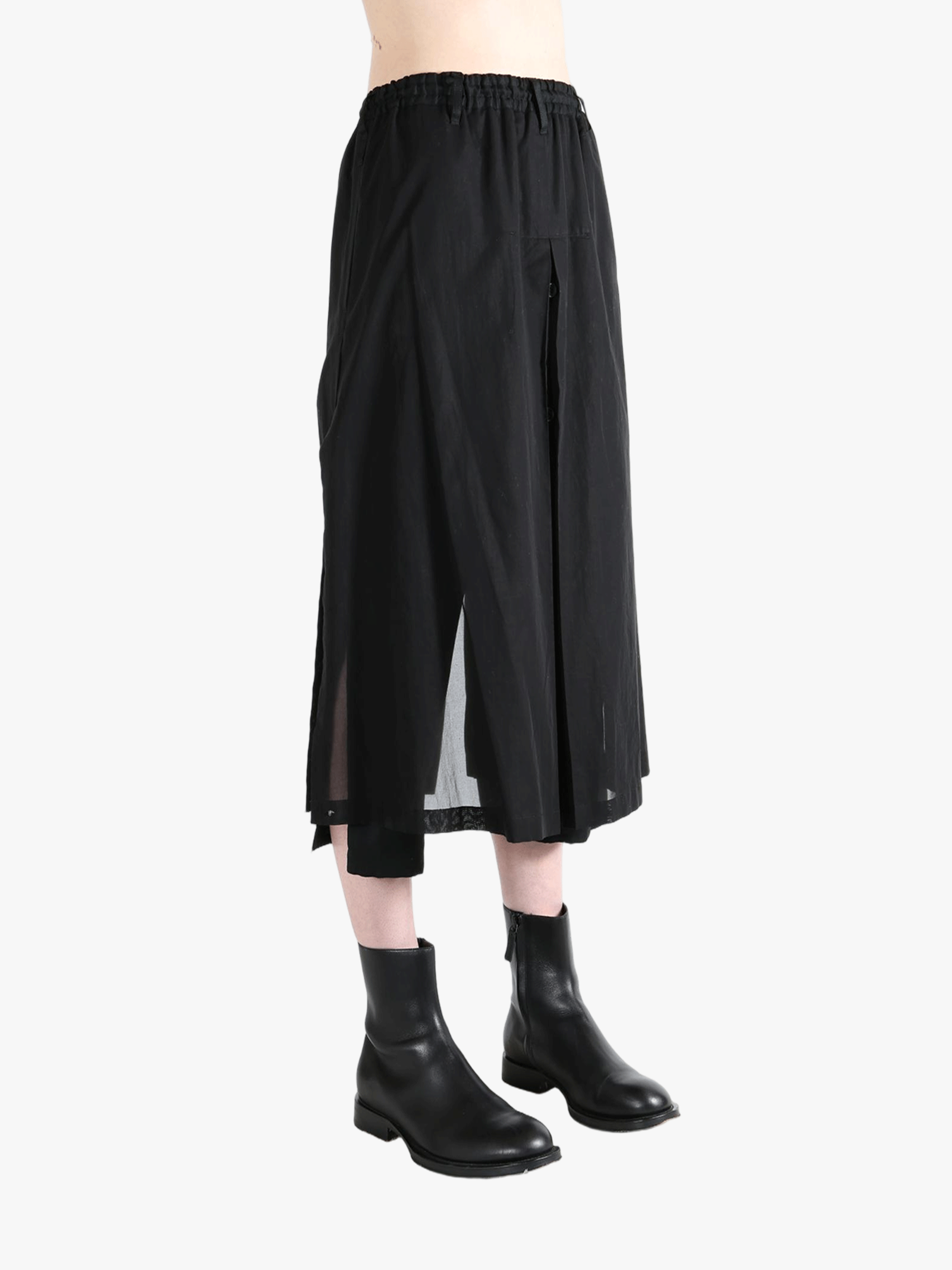 Black pants worn by a person, showing the pants fit