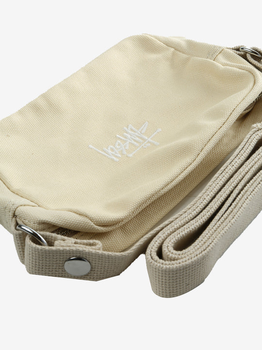 Close up of tan bag,showing texture of the cotton fabric