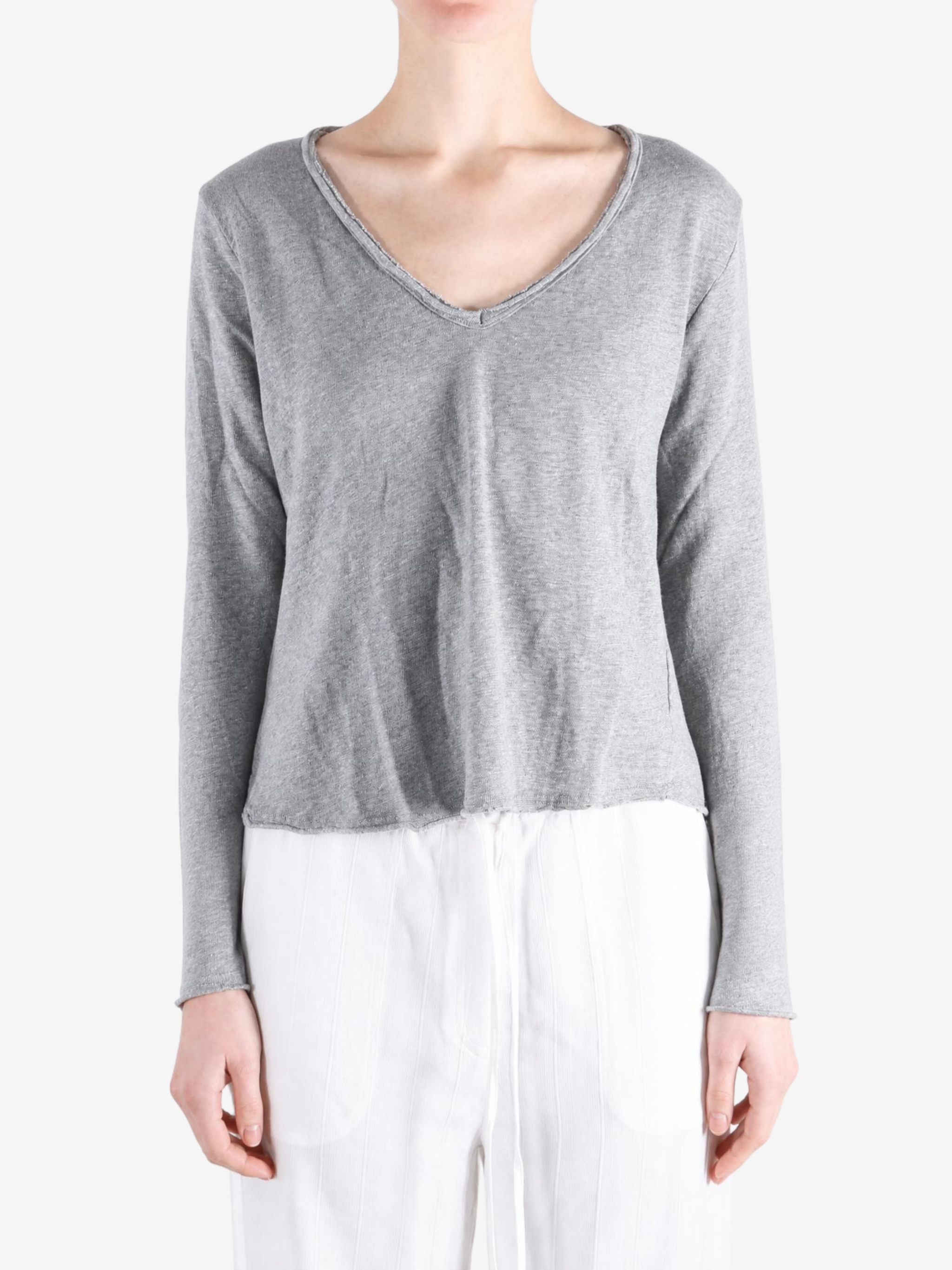 Grey t-shirt worn by a person, showing the t-shirt fit