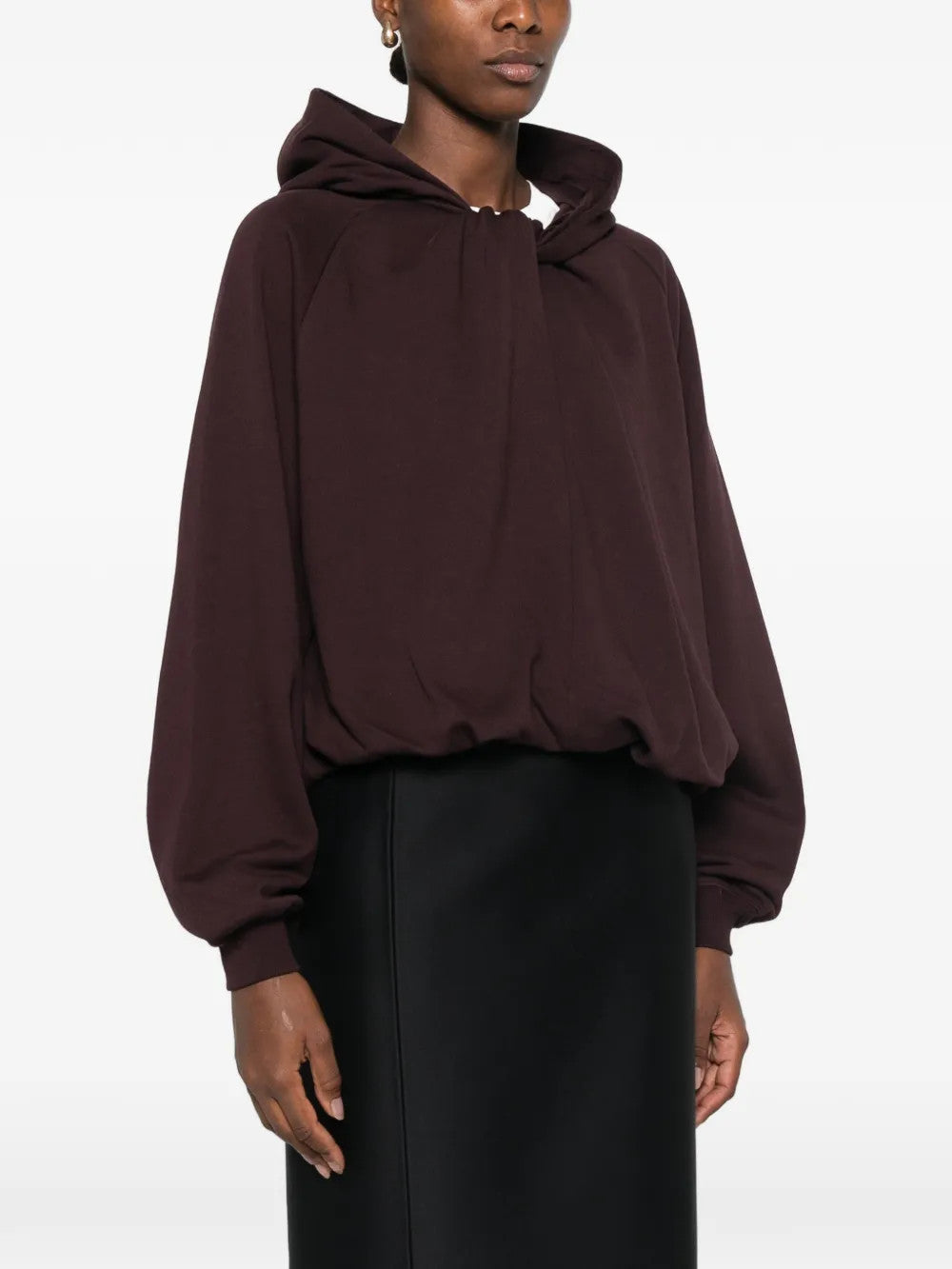 Burgundy hoodie, full body view