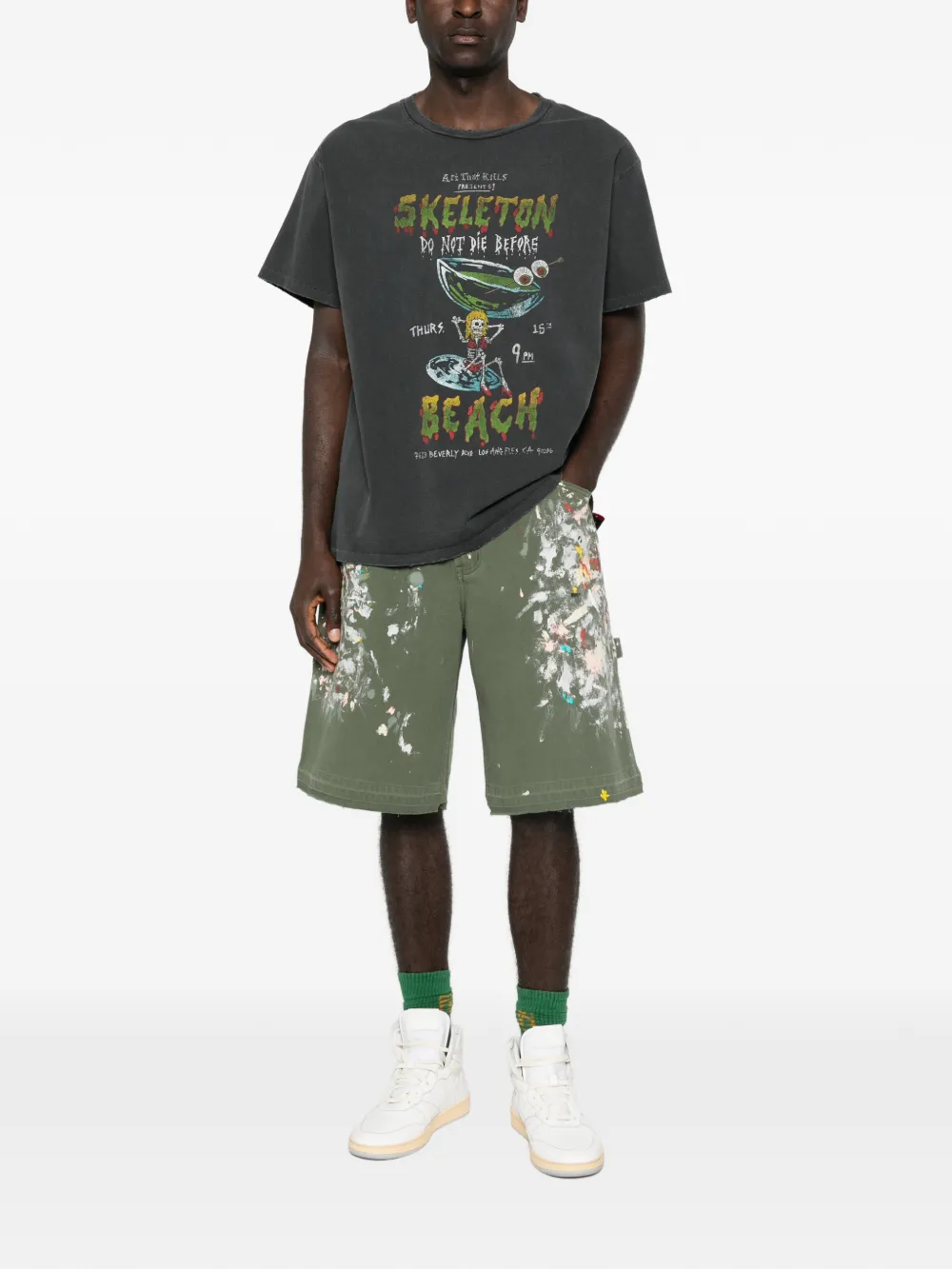 Green shorts, full body view