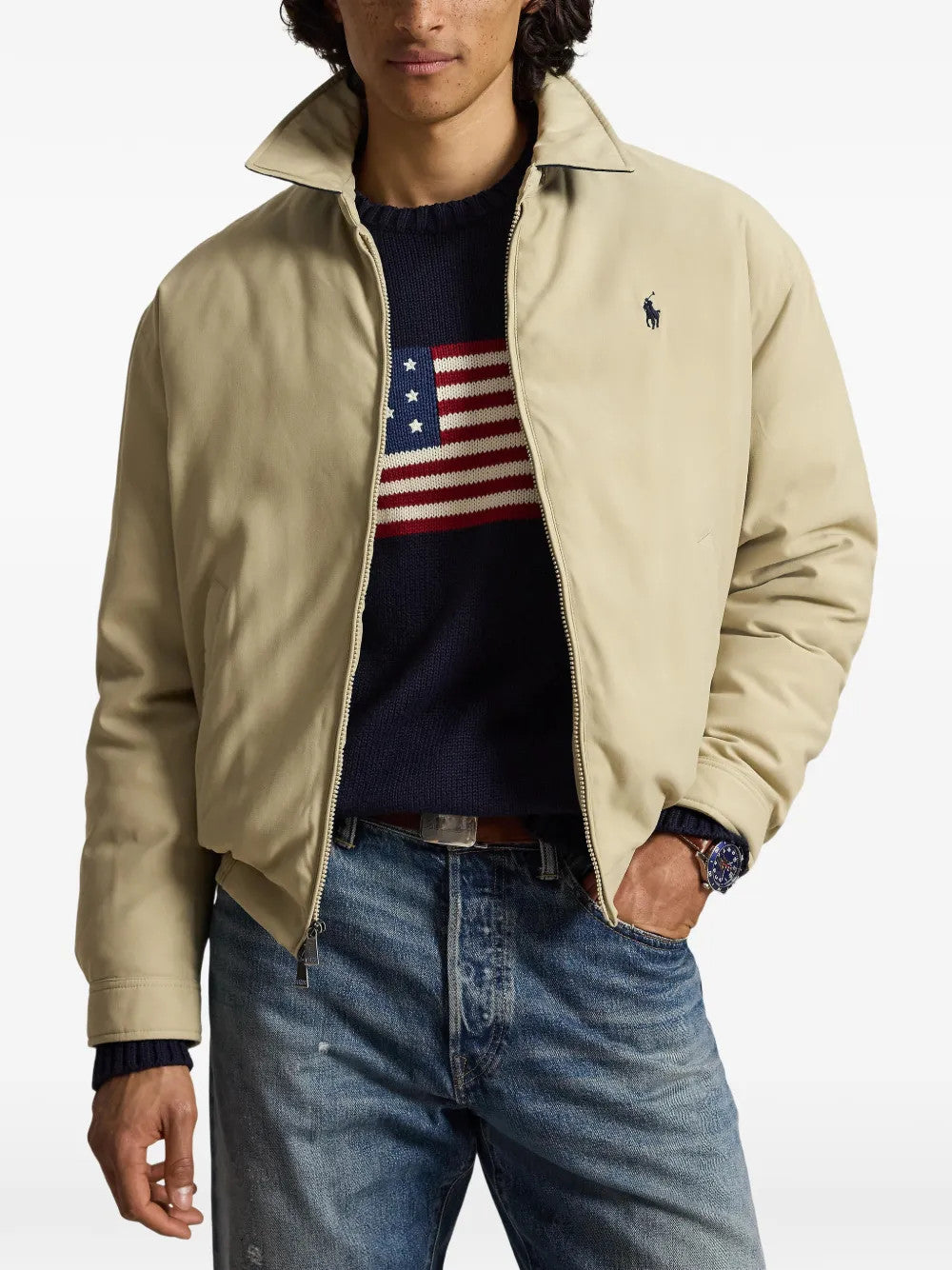 Tan jacket worn by a person, showing the jacket fit