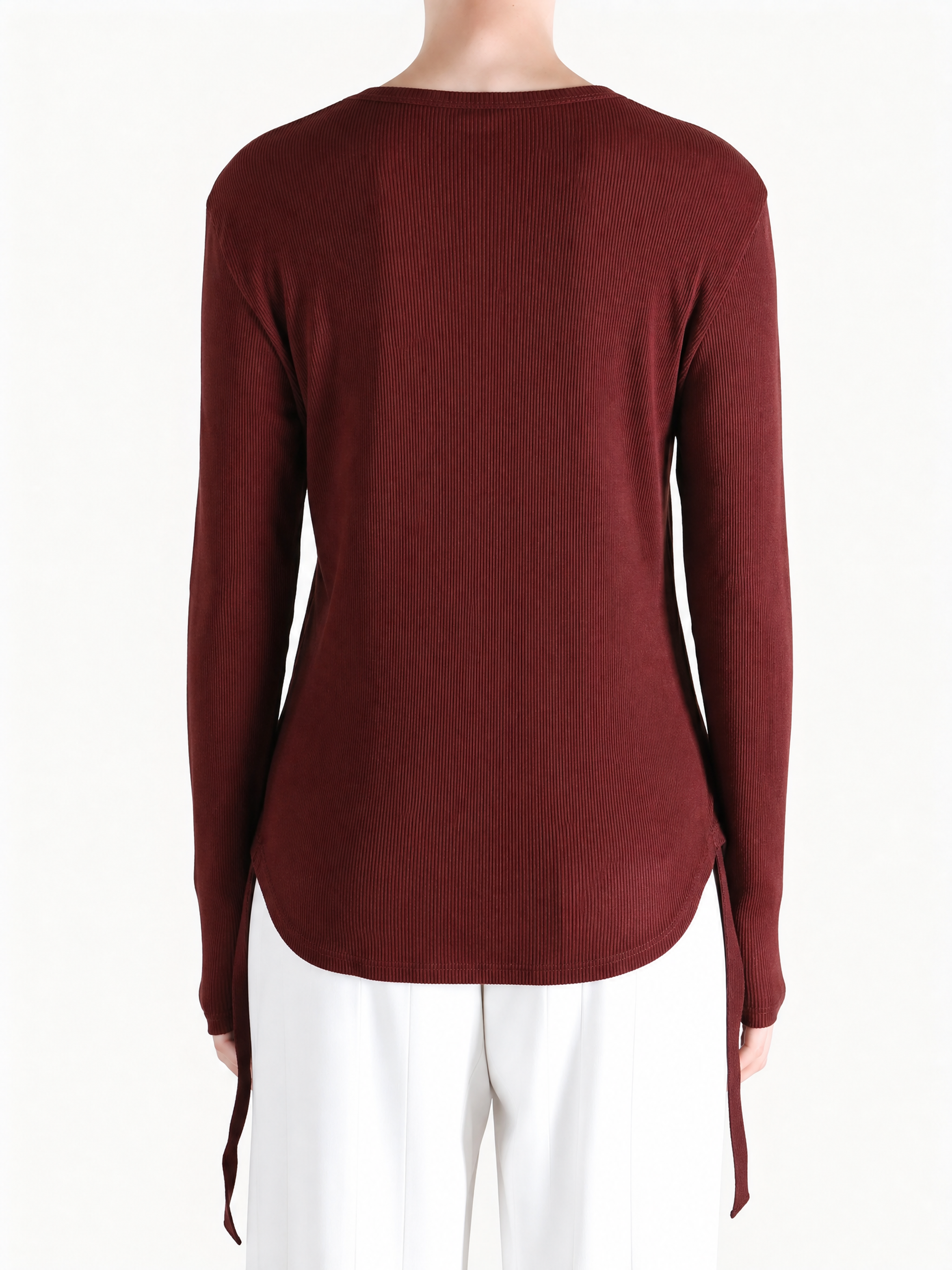 Burgundy top, full body view