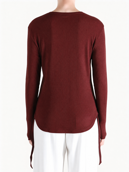 Burgundy top, full body view