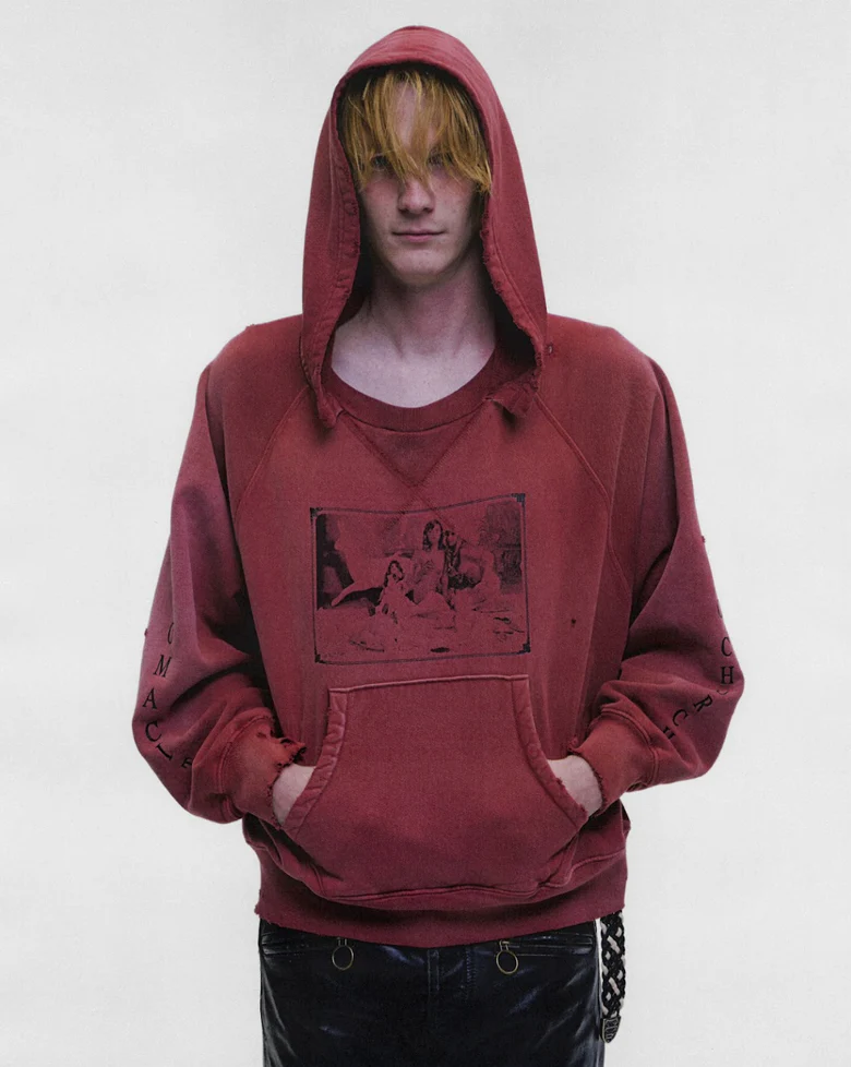 Burgundy hoodie, full body view