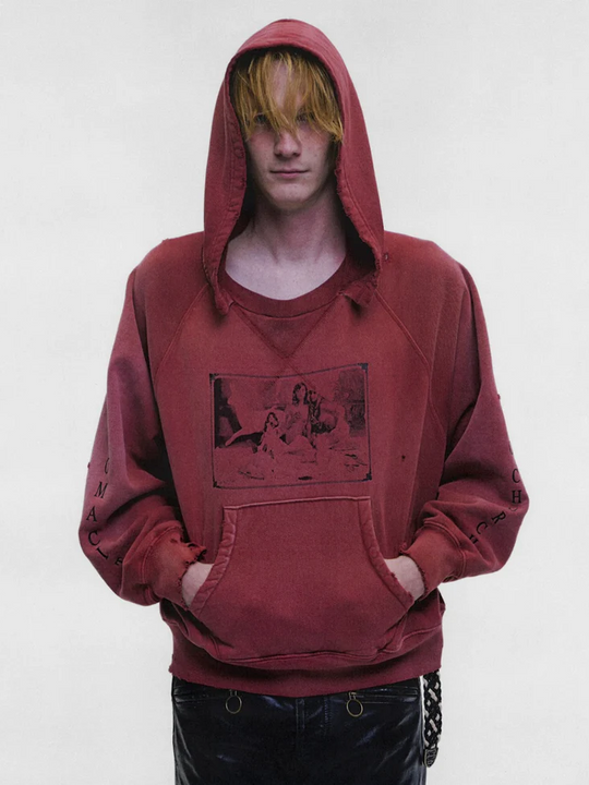 Burgundy hoodie, full body view