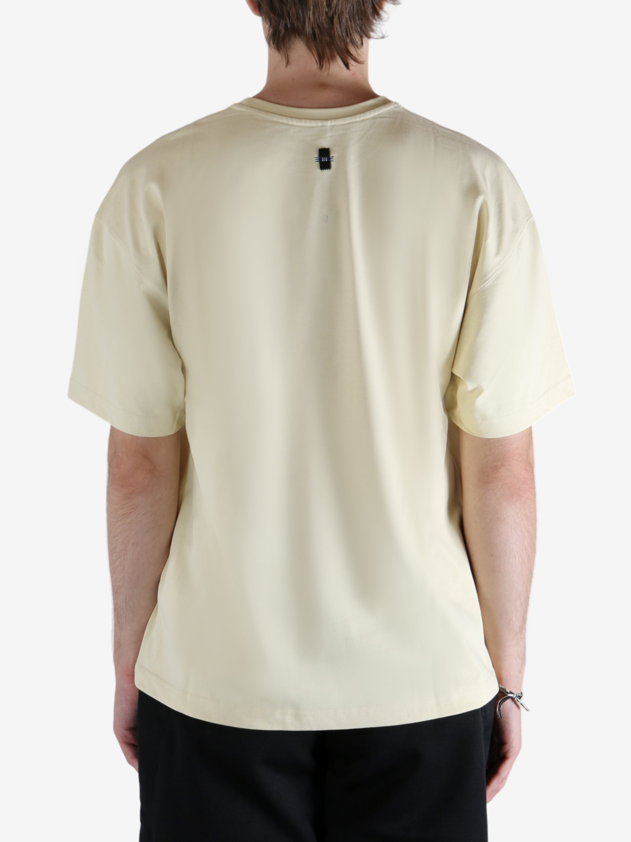 Tan t-shirt worn by a person, showing the t-shirt's view