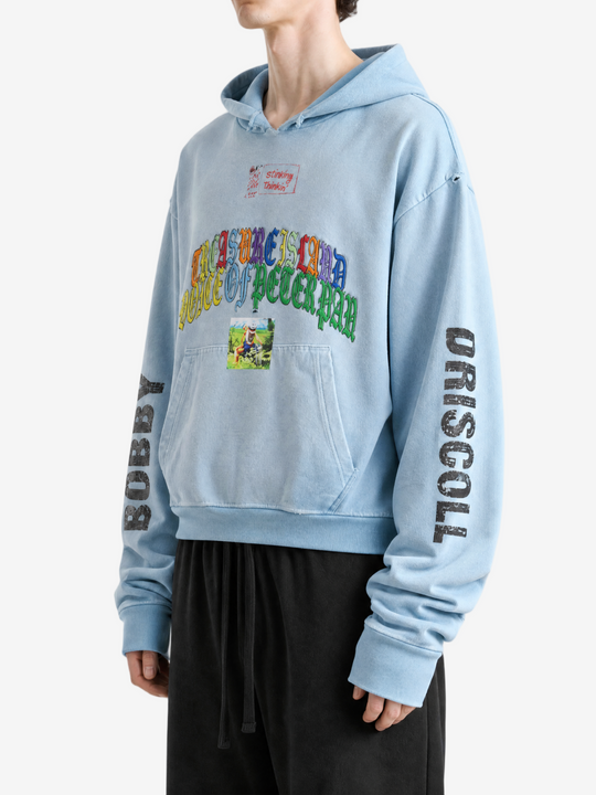 Blue hoodie worn by a person, showing the hoodie fit
