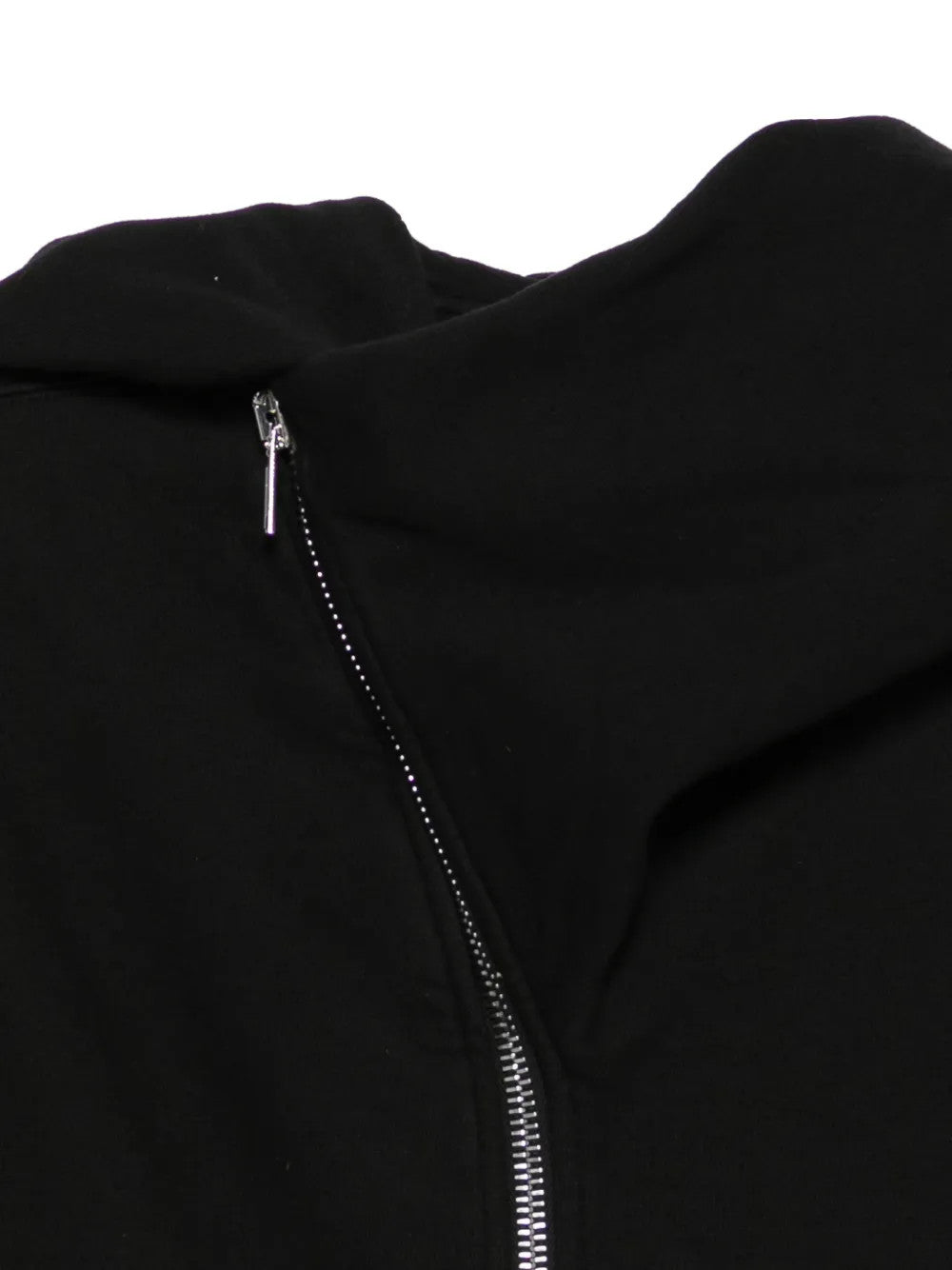 Close up of Black hoodie, showing texture of the 100% cotton fabric