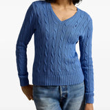 Blue knitwear worn by a person, showing the knitwear fit