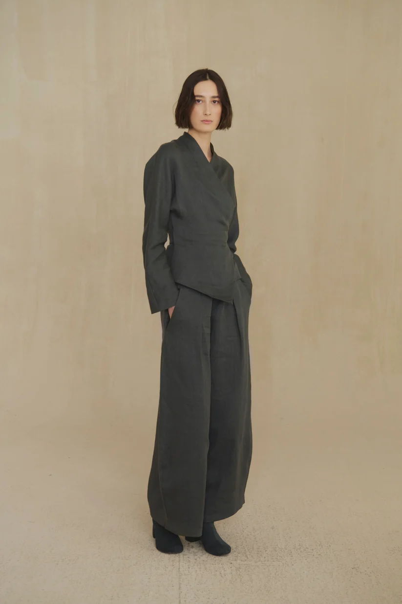 Grey pants, full body view