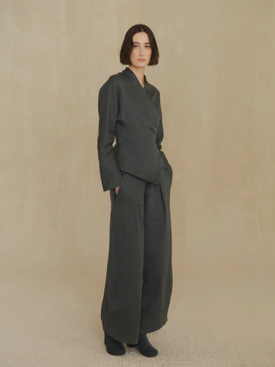 Grey pants, full body view