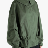 Green jacket worn by a person, showing the jacket's fit