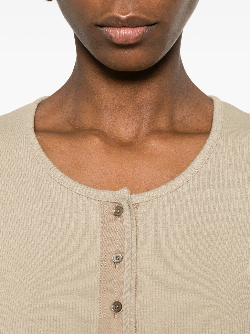Close up of tan shirt, showing texture of the Cotton and  Linen fabric