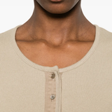 Close up of tan shirt, showing texture of the Cotton and  Linen fabric