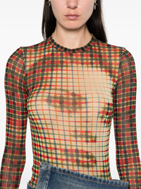 JEAN PAUL GAULTIER - Women Printed "Tartan Face" Mesh Long Sleeve Top