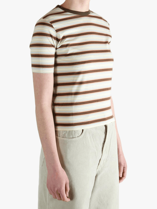 Brown t-shirt worn by a person, showing the t-shirt's fit