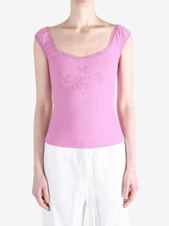 Pink top worn by a person, showing the top fit