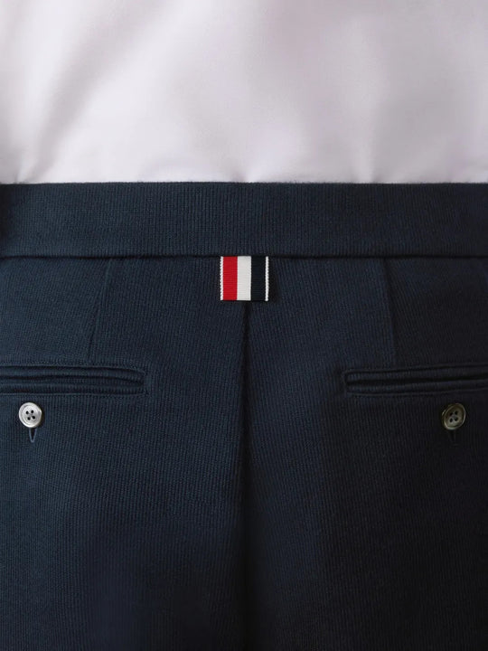 Close up of Navy shorts, showing texture of the 100% cotton fabric
