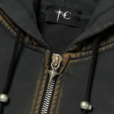 Close up of black hoodie, showing texture of the Cotton fabric