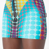 Close up of blue skirts, showing texture of the polyamide and elastane fabric