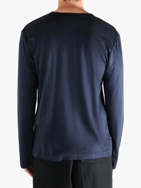 Navy T-shirts worn by a person, showing the T-shirt's fit