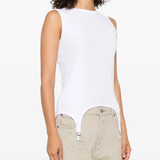 White top worn by a person, showing the top's fit