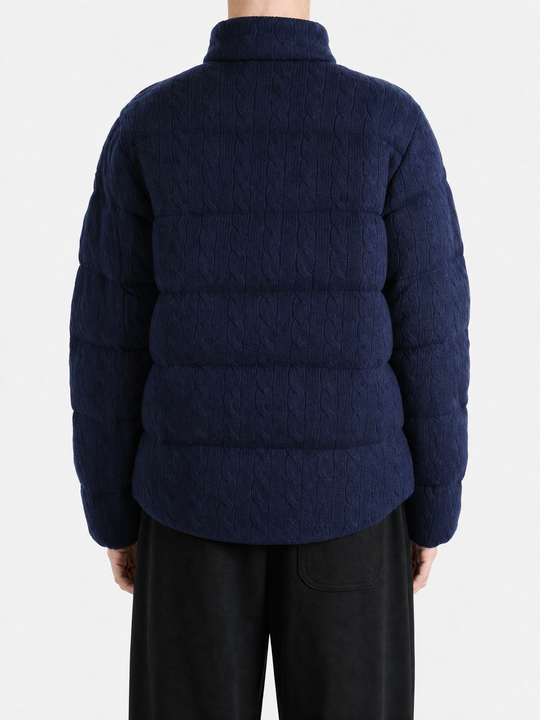Navy knitwear, full body view